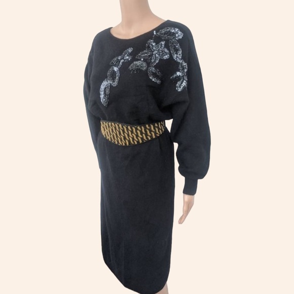 Black Sweater Dress Soft Sequins M 80s - Picture 2 of 8
